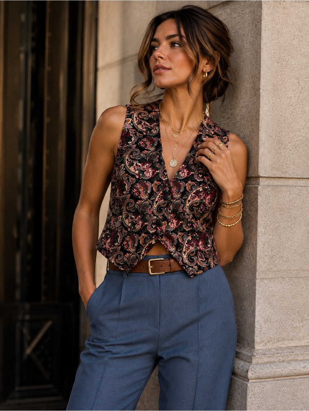 Floral Paisley Quilted Vest in Black & Pink